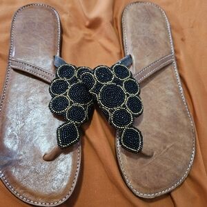 Nwot Brown Leather Sandals with Beaded Design Size (10?)